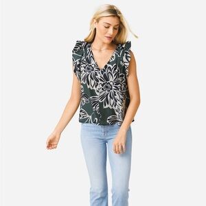 Velvet by Graham & Spencer Kadence Top, Floral Ruffle Sleeve - Green/Tan/Black